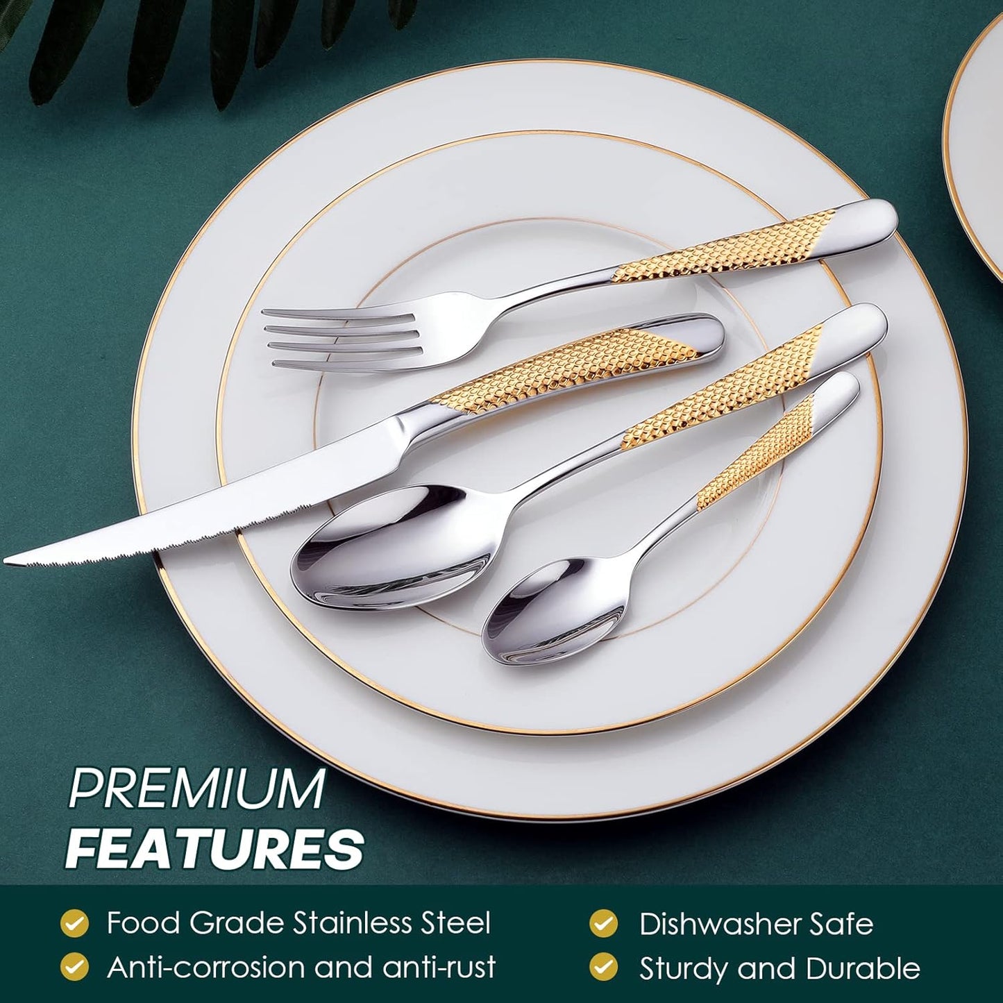 Hammered Silver Gold Silverware Set, OGORI 24-Piece 18/10 Stainless Steel Flatware Set, Service of 6