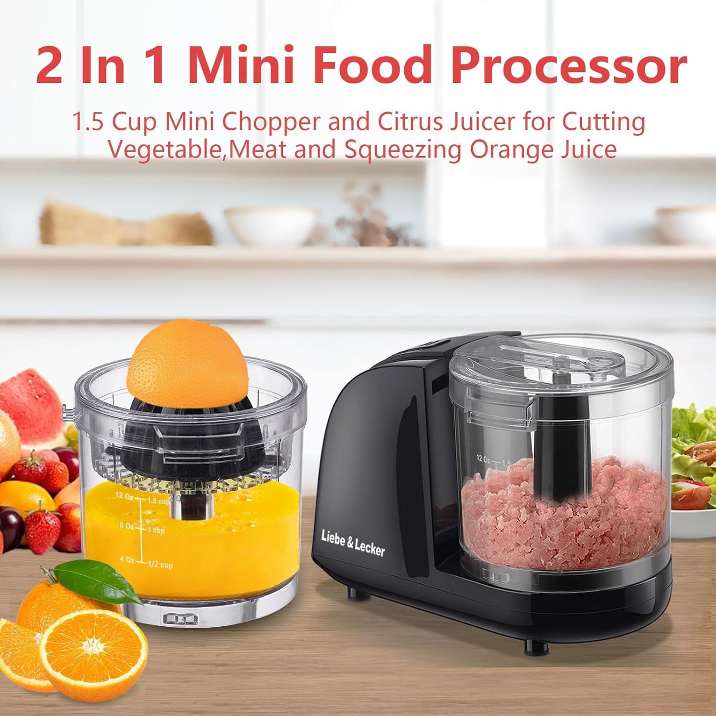 Liebe&Lecker 2 In 1 Mini Food Processor, 1.5 Cup Mini Chopper and Citrus Juicer for Cutting Vegetable, Meat and Squeezing Orange Juice