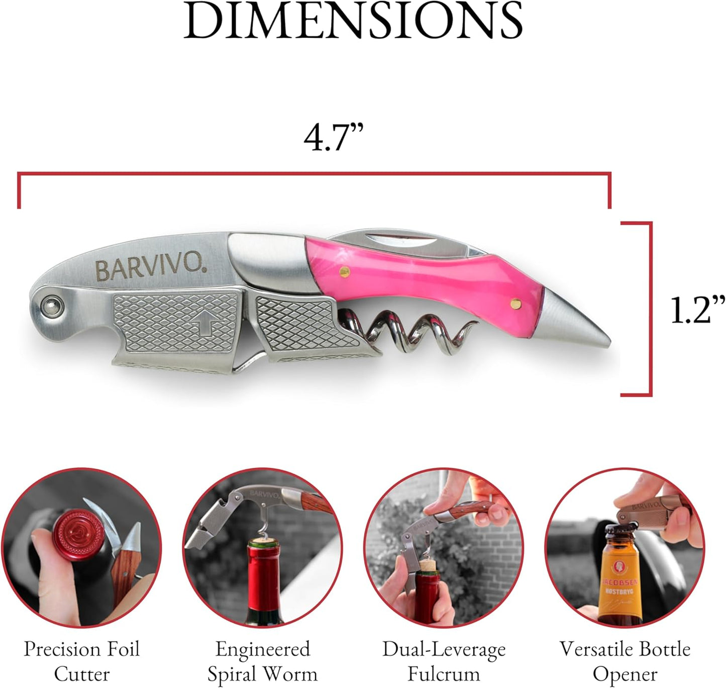 Barvivo Wine Opener with Foil Cutter and Cap Remover - Double Hinged Corkscrew for Bartenders - Stainless Steel Wine Key for Easy Bottle Opening - Manual Wine Bottle Opener - Pink Resin, 4.7x1.2-Inch