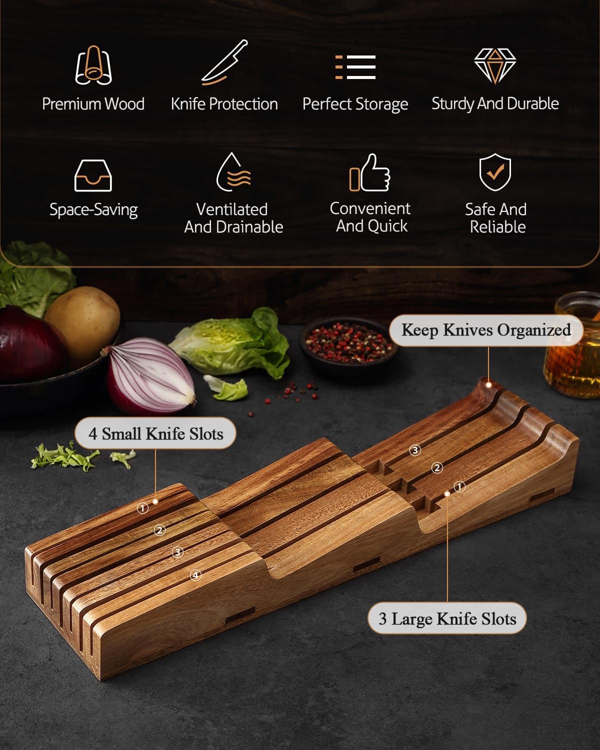 XINZUO In-drawer Knife Block, Natural Acacia Knife Drawer Oganizer, Insert-Kitchen Storage Holder, 7 Slots, Holds up to 7 Various Size Knives, Countertop Saving&Knife Protective