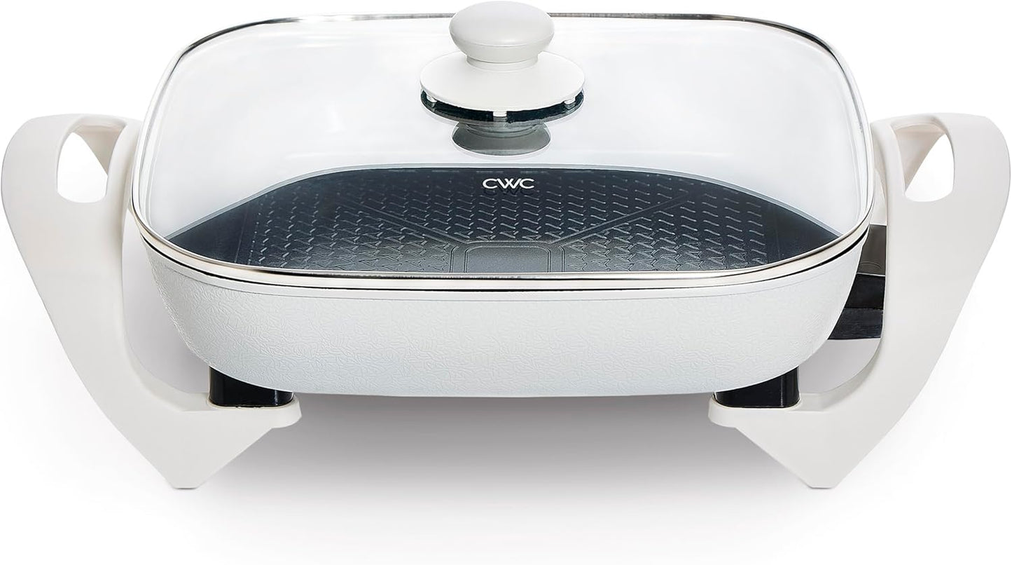 COOK WITH COLOR Electric Skillet - 12" x 12" Ceramic Nonstick Pan, PFAS-Free, 1400W, Tempered Glass Lid, Variable Temperature, Removable Heating Probe, Cool-Touch Handles, Cream