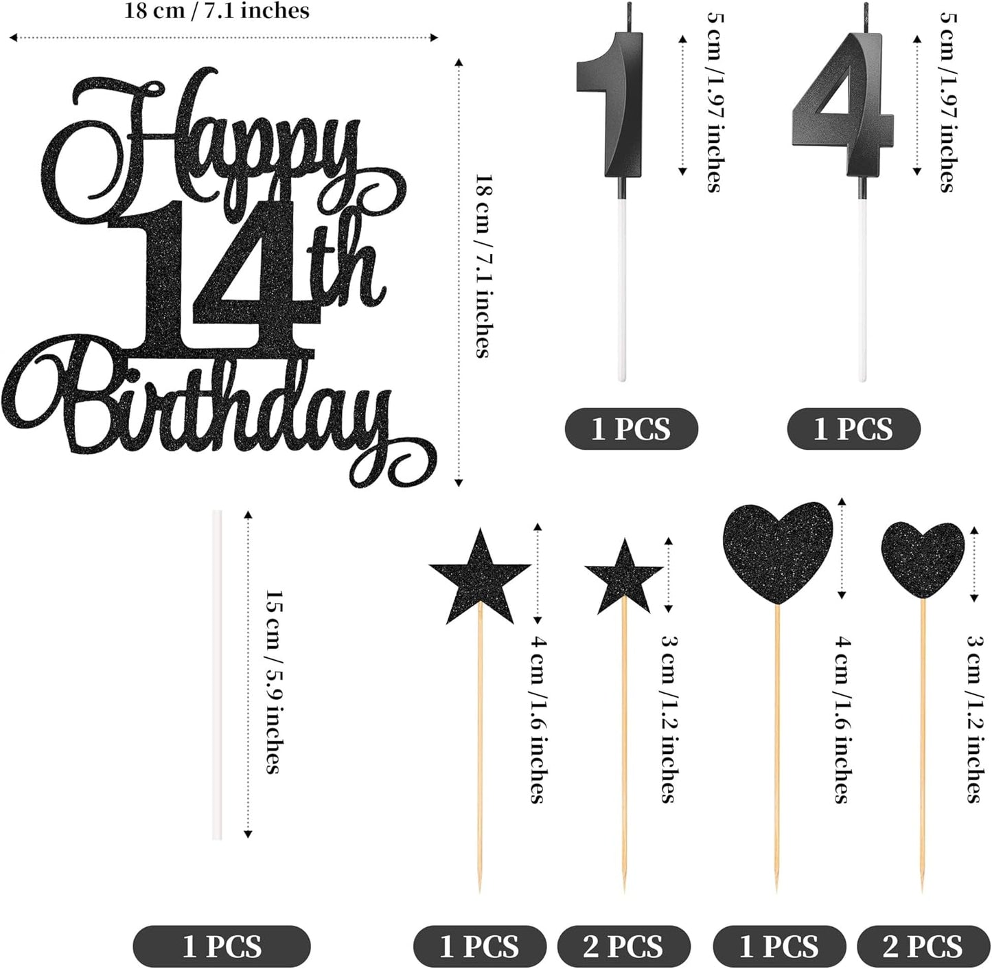 14th Birthday Cake Decorations, 14th Birthday Candles Cake Numeral Candles and Glitter Happy 14th Birthday Cake Toppers Set for Birthday Party Supplies (Black)