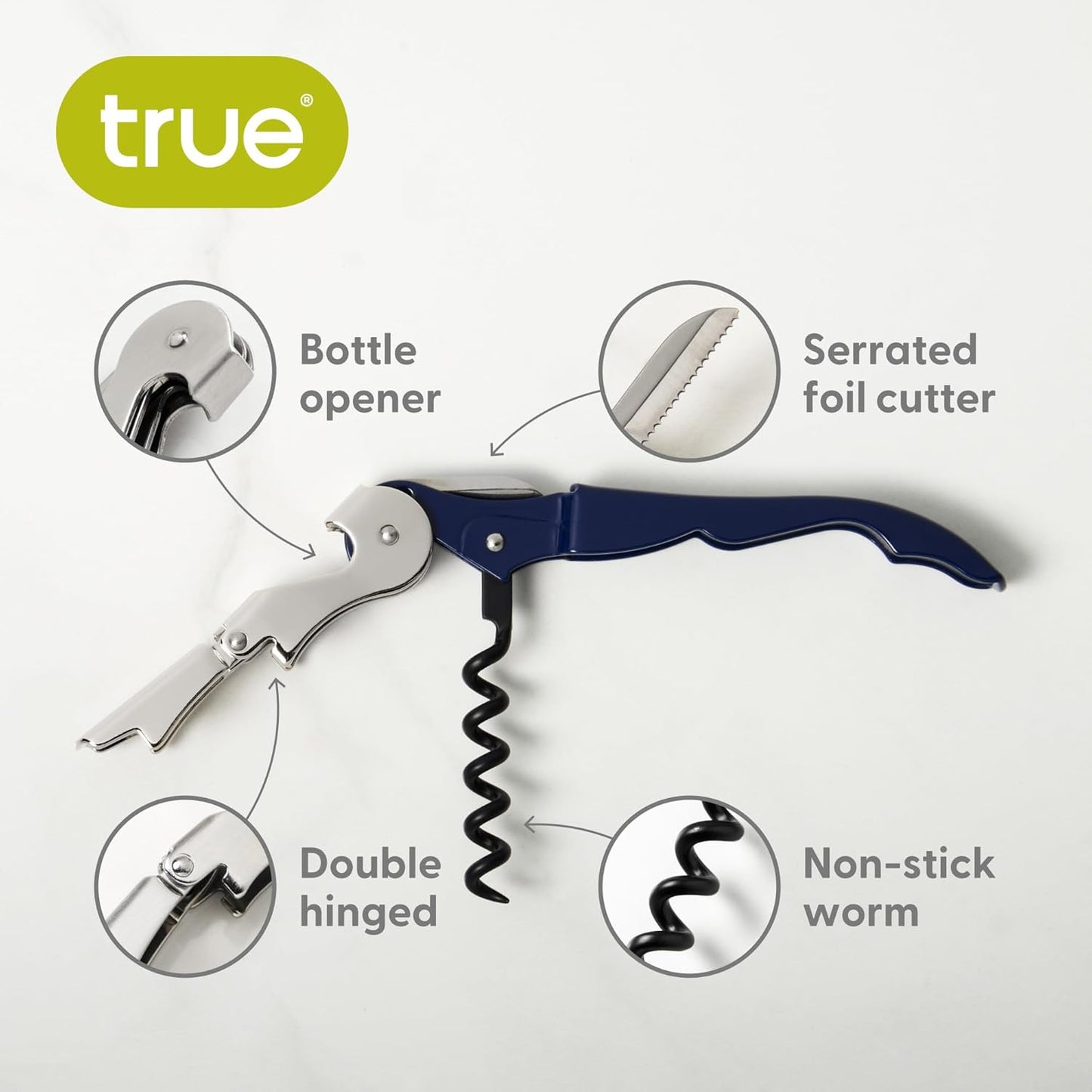 True Brands TrueTap Double Hinged Waiters Corkscrew, Top-notch Stainless Steel Opener with Foil Cutter Built to Last Wine Key Navy Blue, Set of 1
