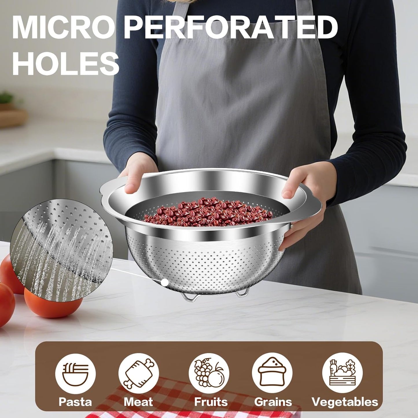 Stainless Steel Colander for Kitchen, Stainless Steel Strainer, Pasta Strainer for Spaghetti Fruits Vegetables Cooking Food, 3 Pcs Strainers and Colanders(2QT, 3QT, 5QT), Dishwasher Safe, Silver