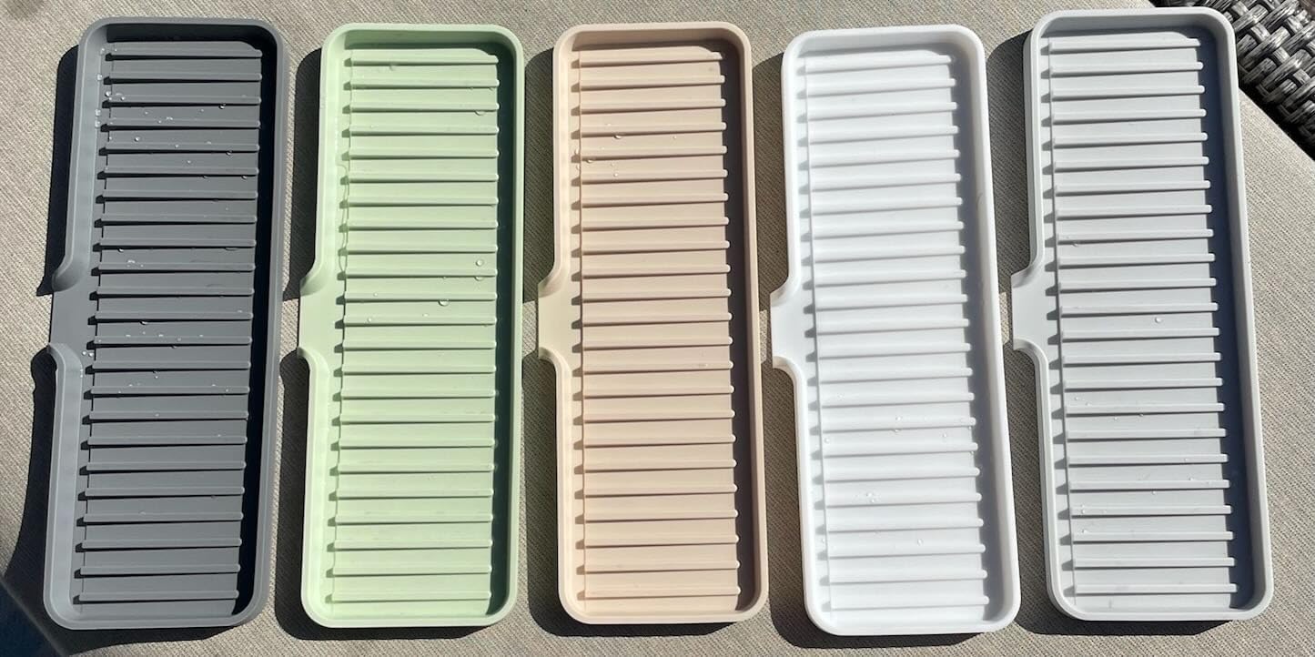 Happitasa Silicone Soap Dish Tray and Sponge Holder with Drain Chute | Bathroom and Kitchen Sink Organizer Caddy (Grey, 12"x4", 7.4 Ounces)