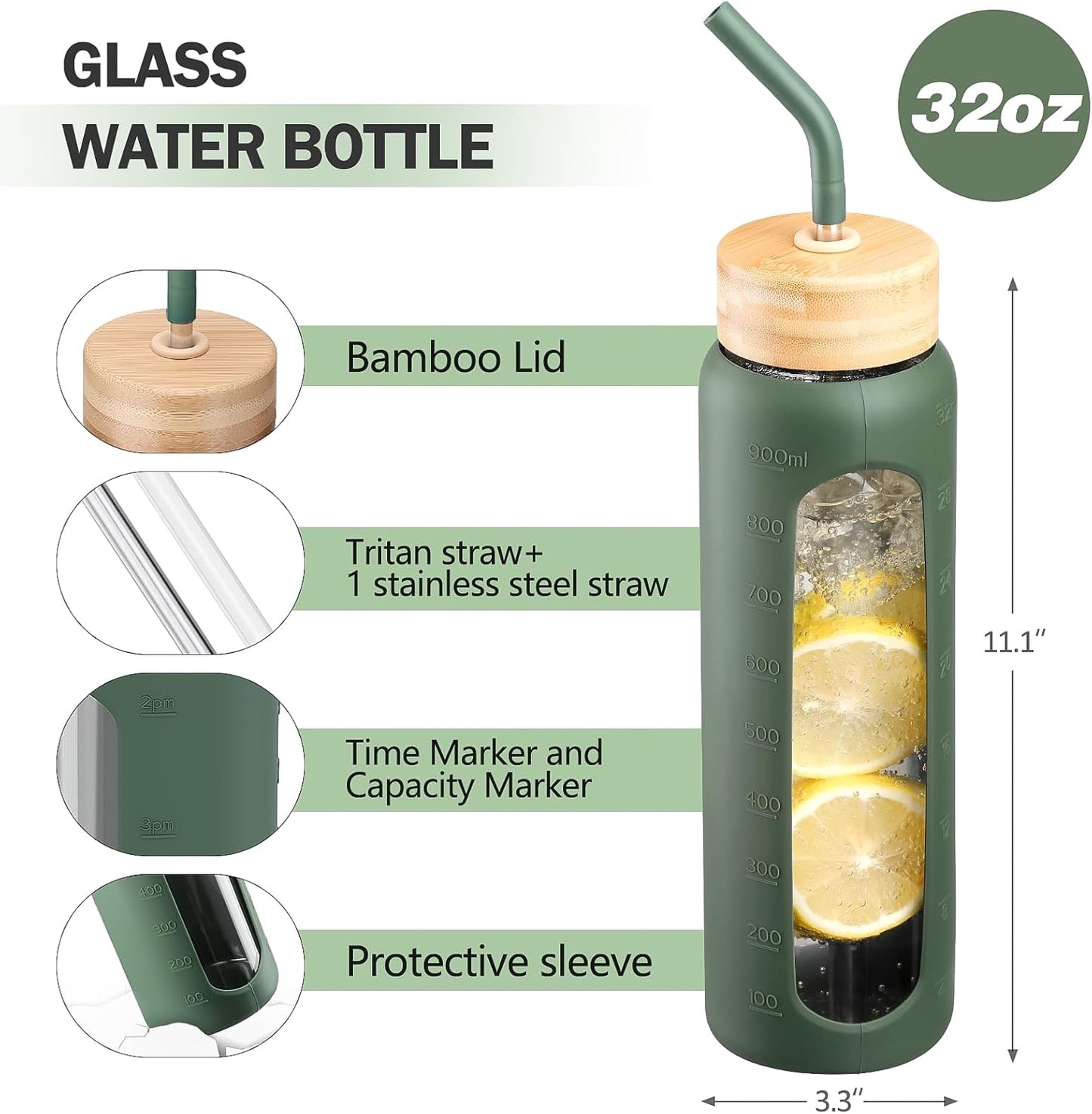 32oz Glass Water Bottle with Straw and 2 Lids- Bamboo Straw and Spout Lid with Phone Holder for Gym, Glass Drinking Bottles with Silicone Sleeve and Motivational Time Marker, Olive