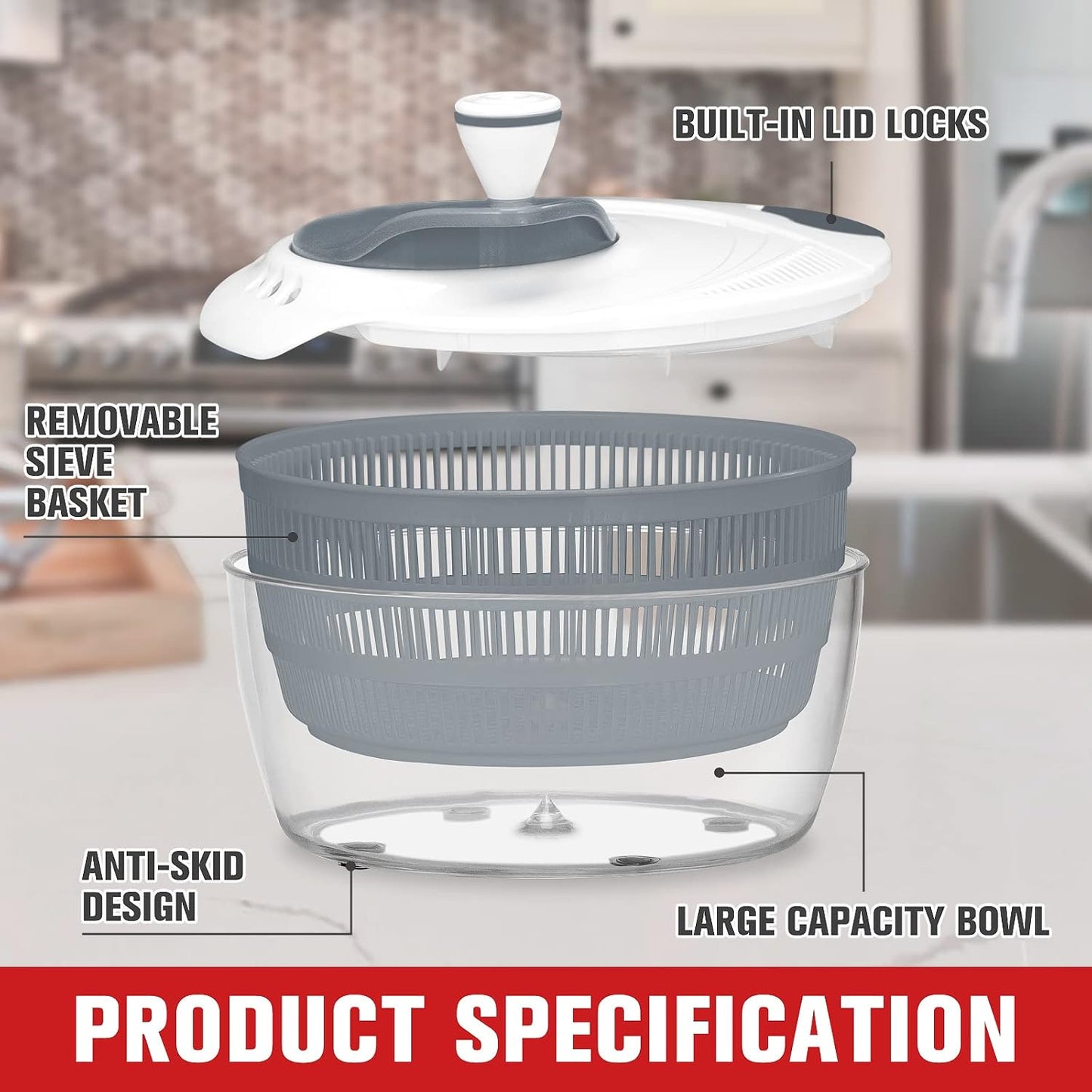 Smile mom Salad Spinner Large Lettuce Spinner Kitchen Gadgets, Large Salad Spinner Vegetable Washer, High Efficiency for Home Kitchen Washing & Drying Leafy Vegetables With Rotary Handle 4.2Qt Grey