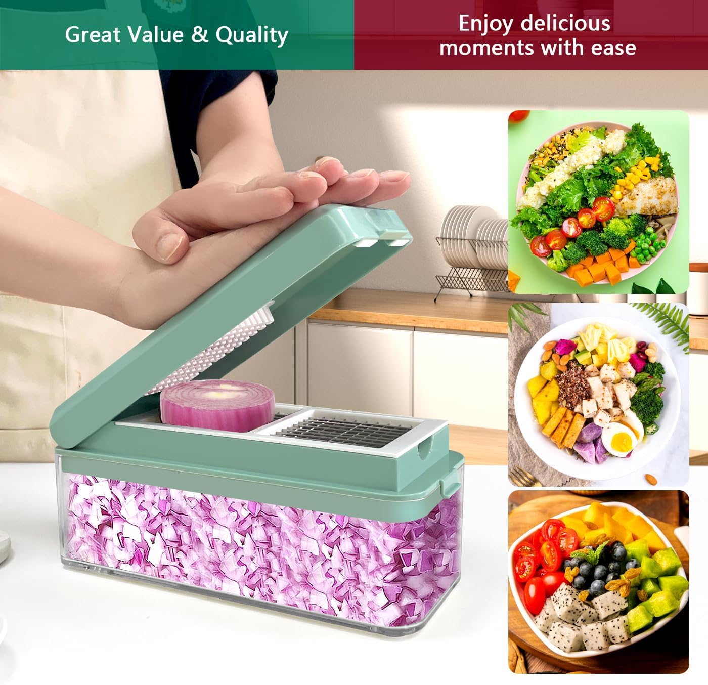 Vegetable Chopper, Onion Dicer, Mandoline Slicer, Food Chopper with Container, Vegetable Cutter for Salad Potato Carrot Garlic（2 Blades, Blue White）