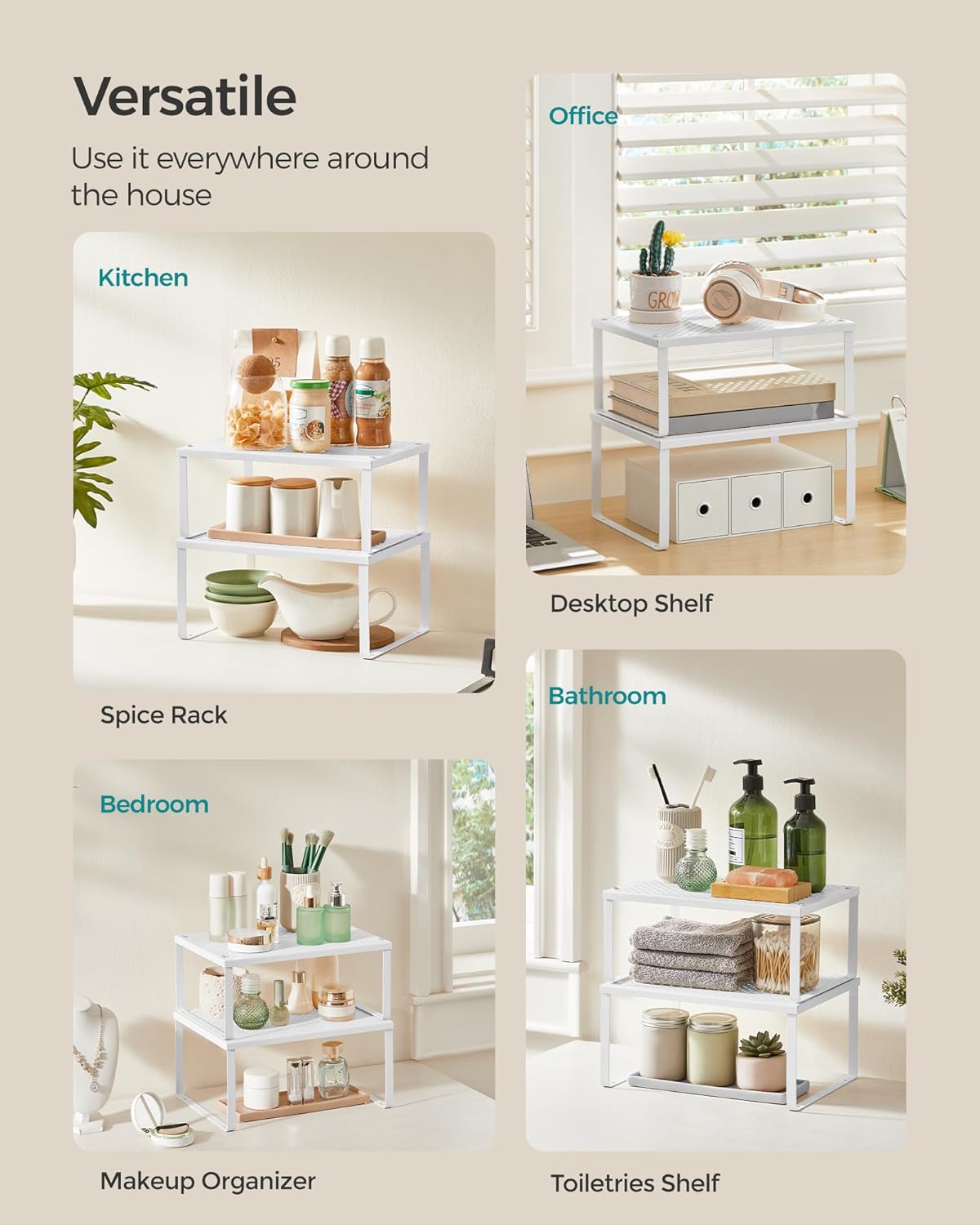 SONGMICS Spice Racks, Set of 4 Metal Cabinet Shelf Organizers, Countertop Organizers, Shelf Risers, Stackable, Expandable, White UKCS006W01