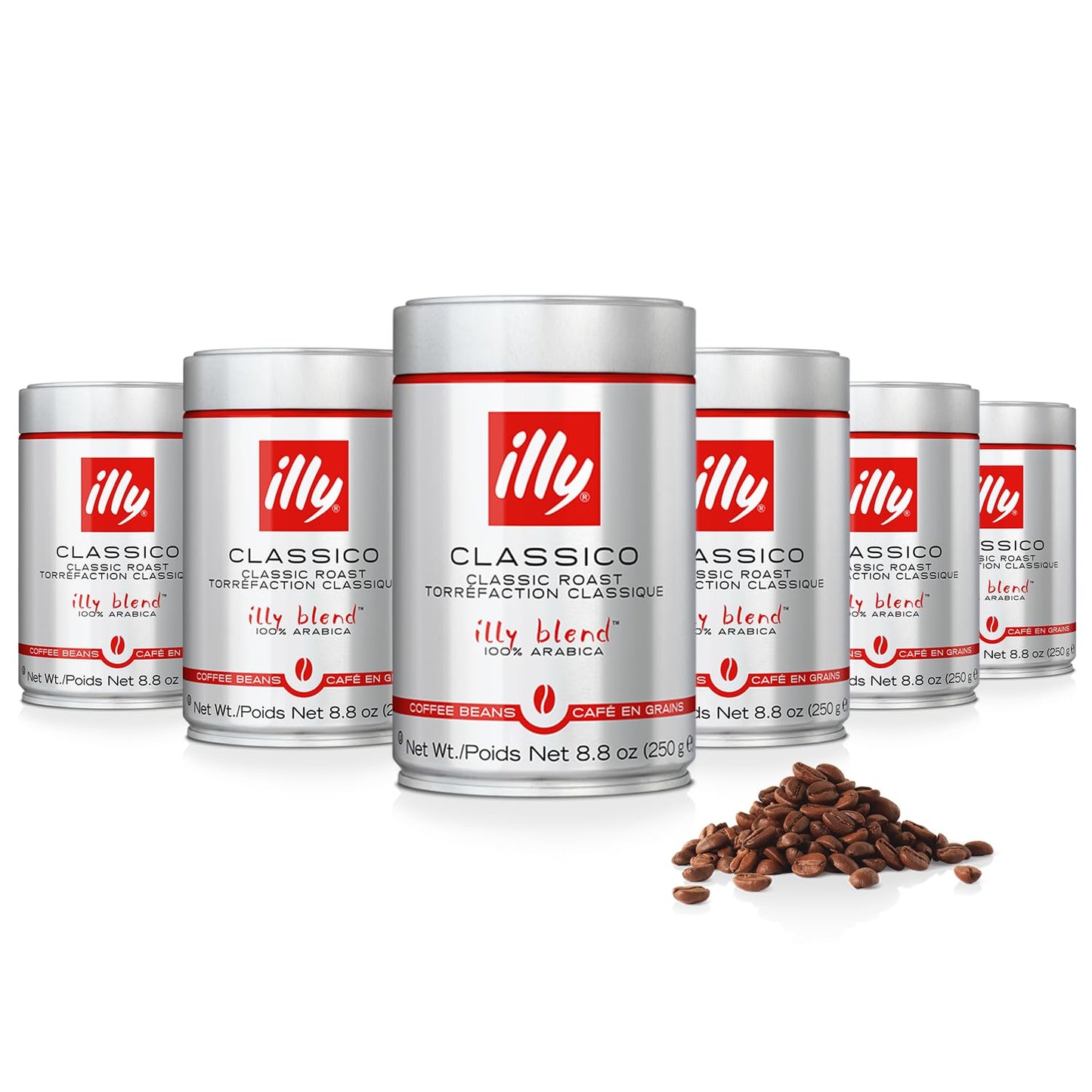 Illy Whole Bean Coffee, Classico Medium Roast - Mild & Balanced - 100% Arabica - Whole Beans - Pressurized Packaging Sealed for Freshness - 8.8oz can (Pack of 6)