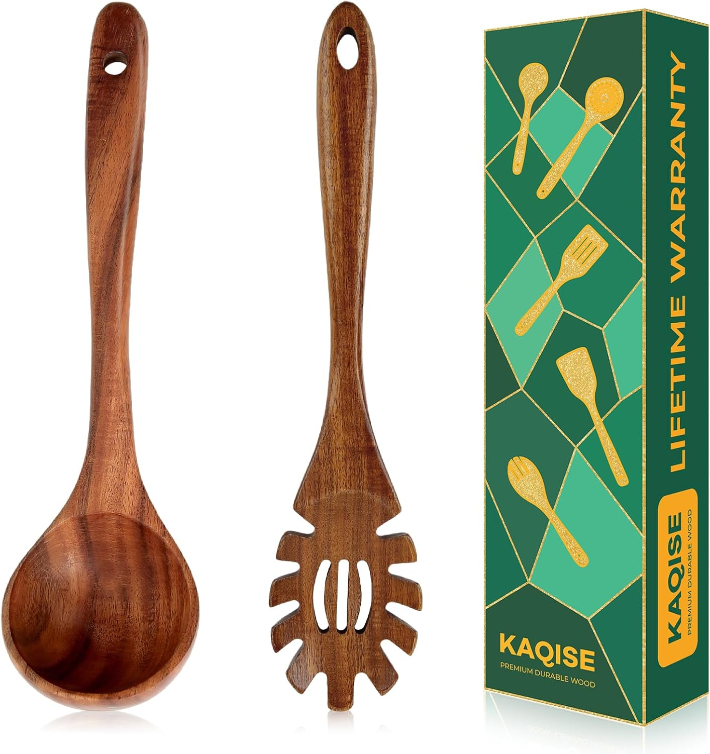 Wooden Spoons for Cooking, 2Pcs Wooden Kitchen Utensils, Wooden Pasta Fork and Ladle for Spaghetti, Nostick Teak Wood Utensil Set for Cooking (Ladle & Spaghetti Server)