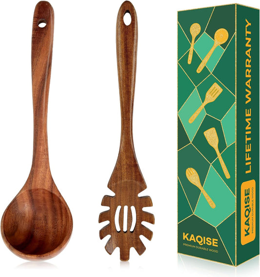 Wooden Spoons for Cooking, 2Pcs Wooden Kitchen Utensils, Wooden Pasta Fork and Ladle for Spaghetti, Nostick Teak Wood Utensil Set for Cooking (Ladle & Spaghetti Server)