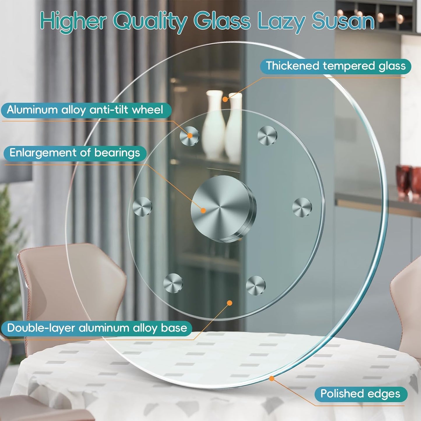 23" Large Lazy Susan for Dining Table Kitchen Glass Turntable with Aluminum Alloy Bearing, Smooth Swivel