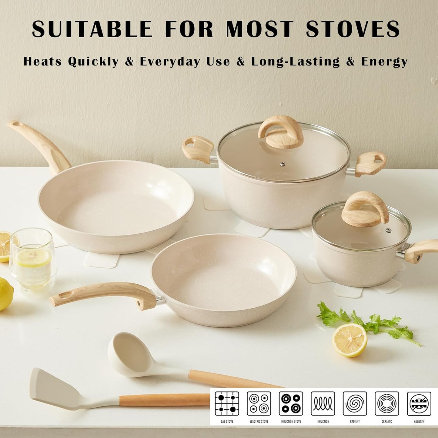 Non Stick Pots and Pans Set, Healthy Ceramic Cookware Set, 12pcs Kitchen Cooking Pots and Frying Sauce Saute Pans Set, PFAS-Free with Kitchen Utensils and Lid, Tan