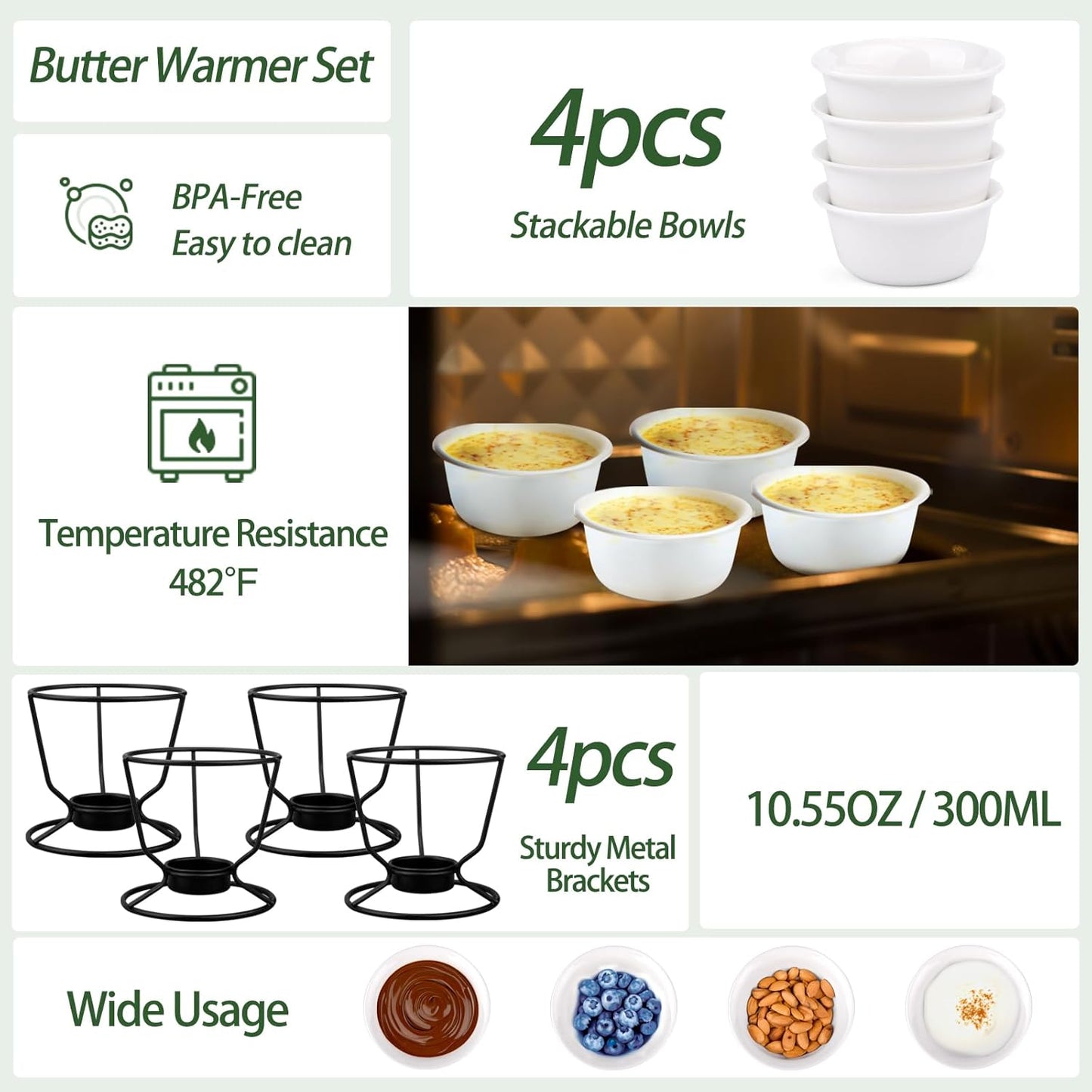 4Pcs Fondue Pot Set for Chocolate Butter Cheese, 5oz Butter Warmer for Seafood with 20 Tealight, Ceramic Bowl Oven Microware Dishwasher Safe,Perfect for family dip Fruit,Dessert,Snack
