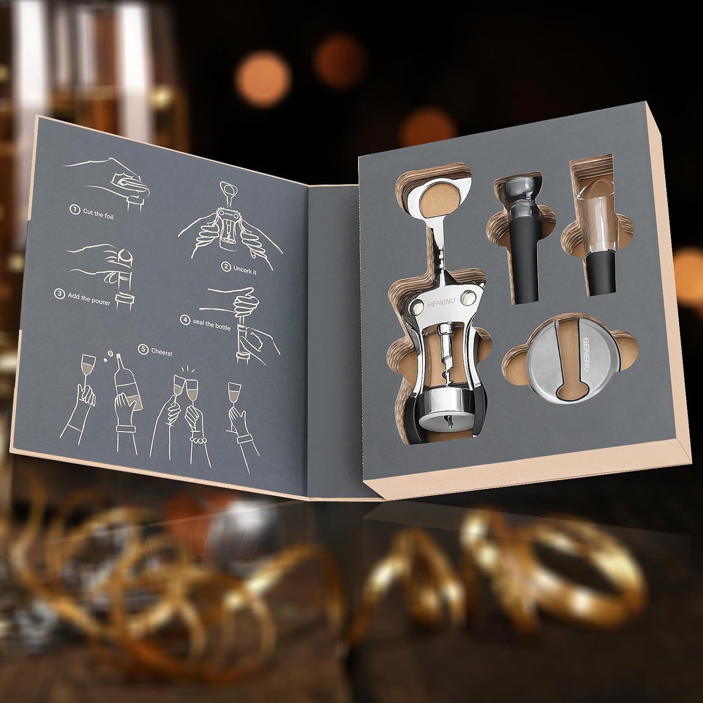 Beneno Multifunctional Wine Bottle Opener Gift Set - Wing Corkscrew, Foil Cutter, Vacuum Stopper & Aerator Pourer, Perfect for Wine Lovers Man Woman, Silver Set