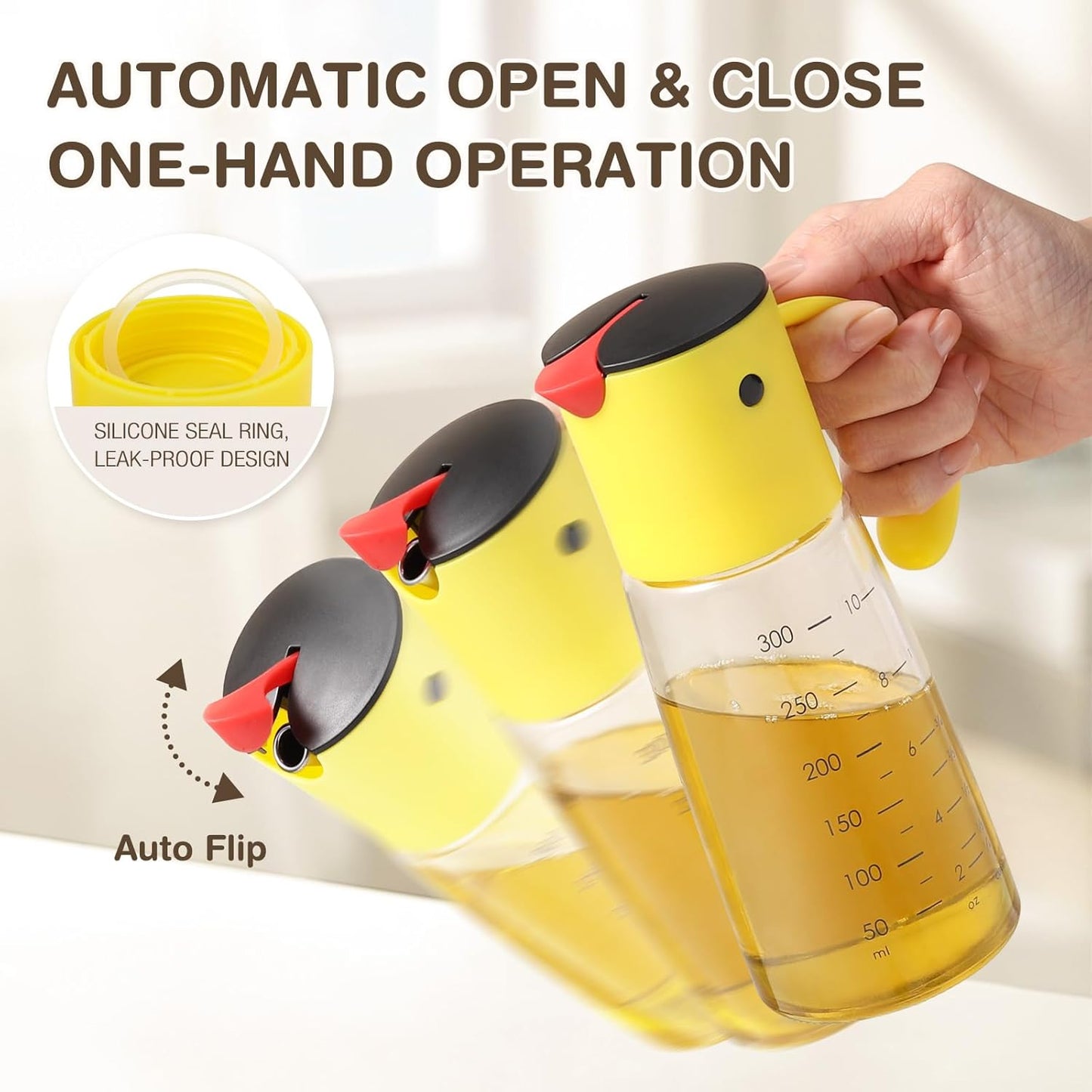 Vucchini Olive Oil Dispenser Bottle for Kitchen Auto Flip Vinegar Dispenser-Leakproof Soy Sauce Dispenser Glass Cruet, Non-Drip Spout Cooking Dispenser (Set of 2,10 oz)