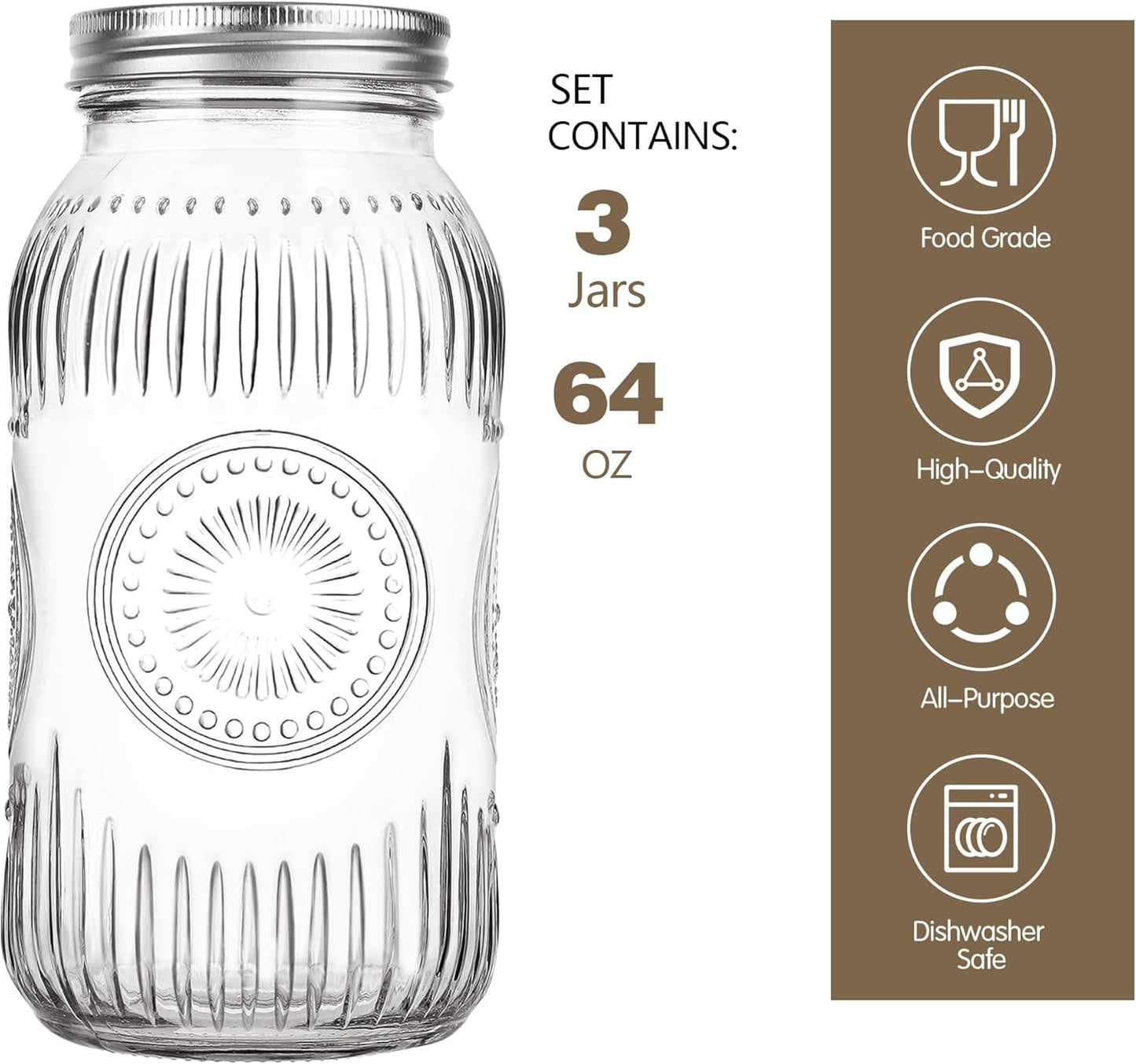 3 Pack Wide Mouth Mason Jars 64 oz - Large Half Gallon Glass Mason Jars with Airtight Lids and Bands for Pickling, Canning, Fermenting and Food Storage, Microwave & Dishwasher Safe