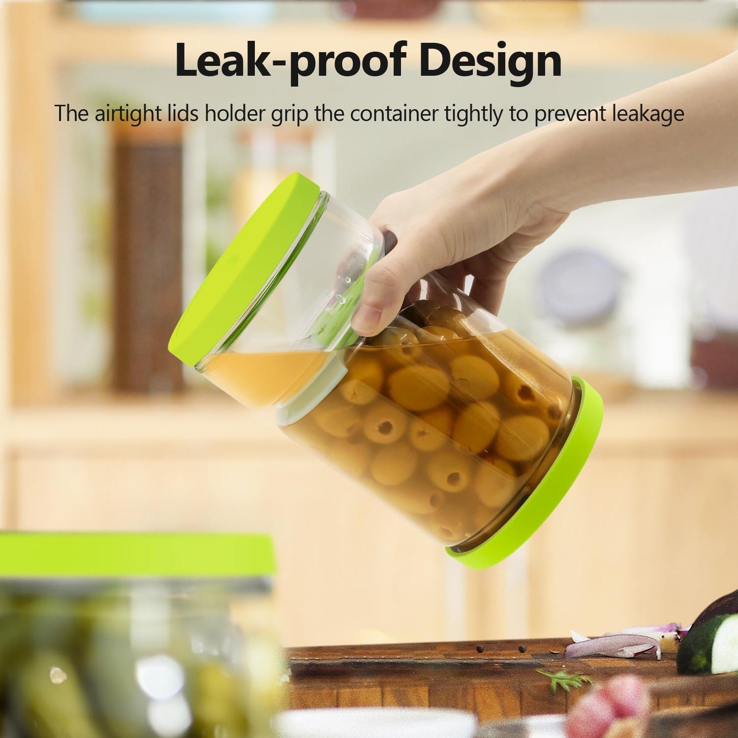 Glass Pickle Jar with Strainer Flip for Pickle Lover - 45 oz Leakproof Airtight Juice Separator for Olive, Gherkin or Chilli, BPA Free, Dishwasher and Refrigerator Safe (Green, 45 oz*1 pack)