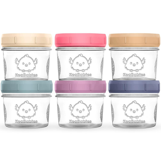 KeaBabies 6pk 4oz Glass Baby Food Containers with Lids - Leak-Proof, Microwavable Small Glass Jars, Baby Purees & Toddler Snack Storage Containers, BPA-Free, Dishwasher & Freezer Safe (Sunset)