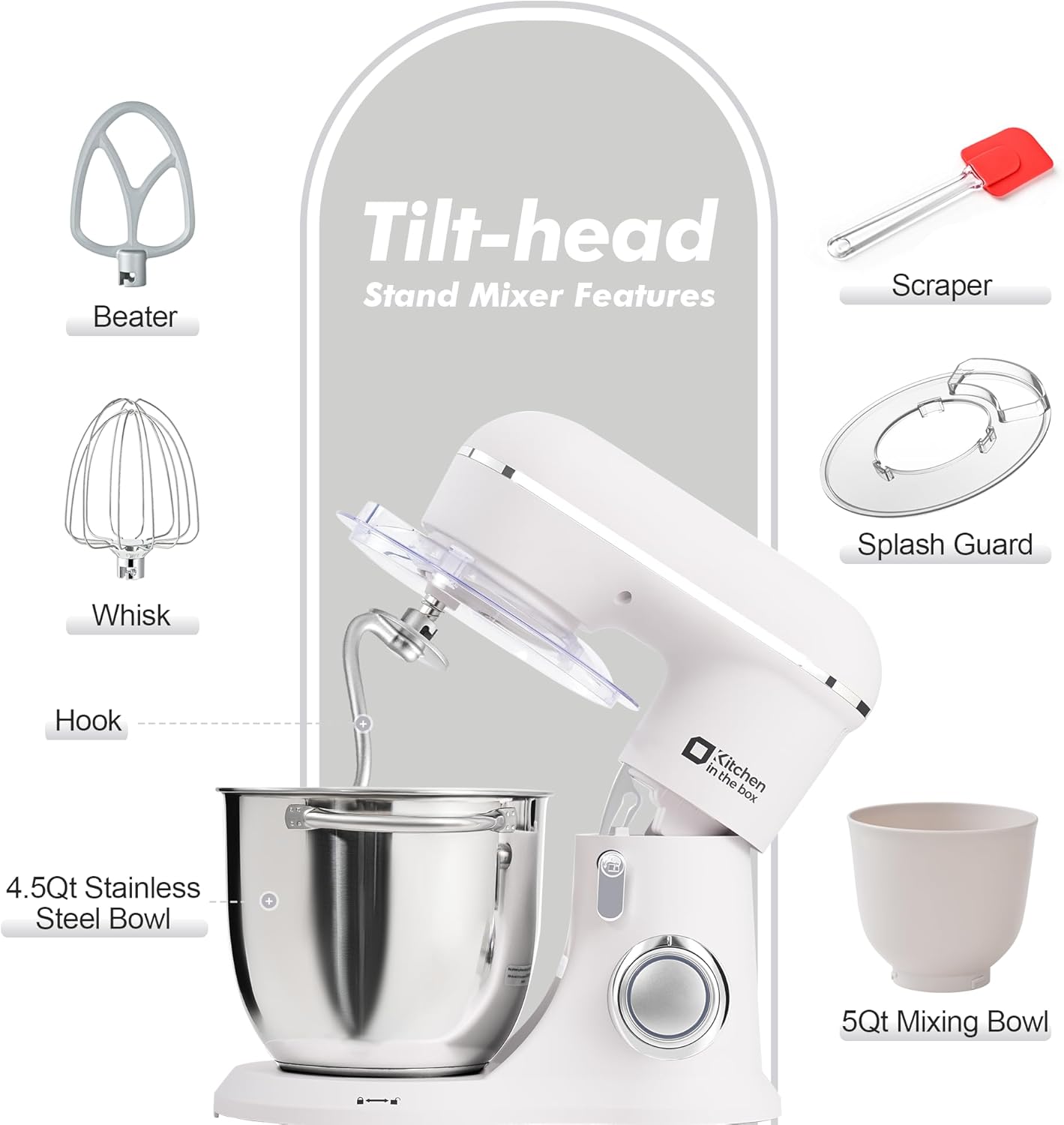 Kitchen in the box Stand Mixer, 5QT+4.5QT Two bowls Electric Food Mixer, 10 Speeds 3-IN-1 Kitchen Mixer for Daily Use with Egg Whisk,Dough Hook,Flat Beater (Frost White, 5QT)