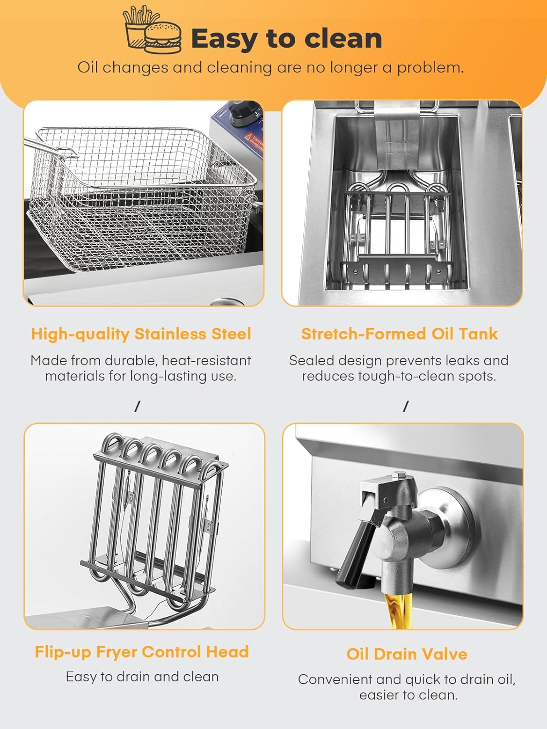 FOHERE Commercial Deep Fryer with Basket and Lid, 23.3Qt/22L Electric Deep Fryer with Oil Filtration, Time & Temp Control, 3000W Stainless Steel Deep Fryer Countertop for Kitchen Restaurant