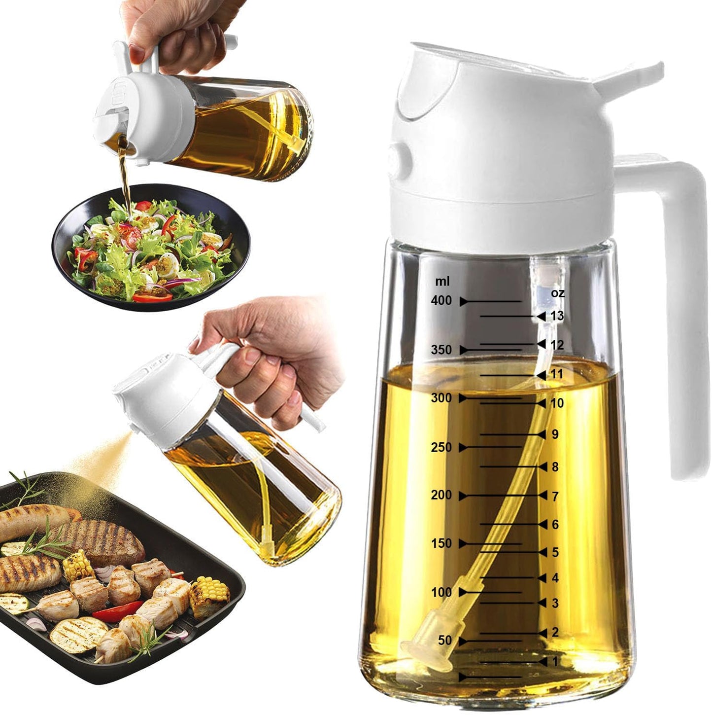 TrendPlain 16oz/470ml Glass Olive Oil Sprayer for Cooking – 2 in 1 Olive Oil Dispenser Bottle for Kitchen Gadgets and Air Fryer Accessories, Salad, BBQ - White