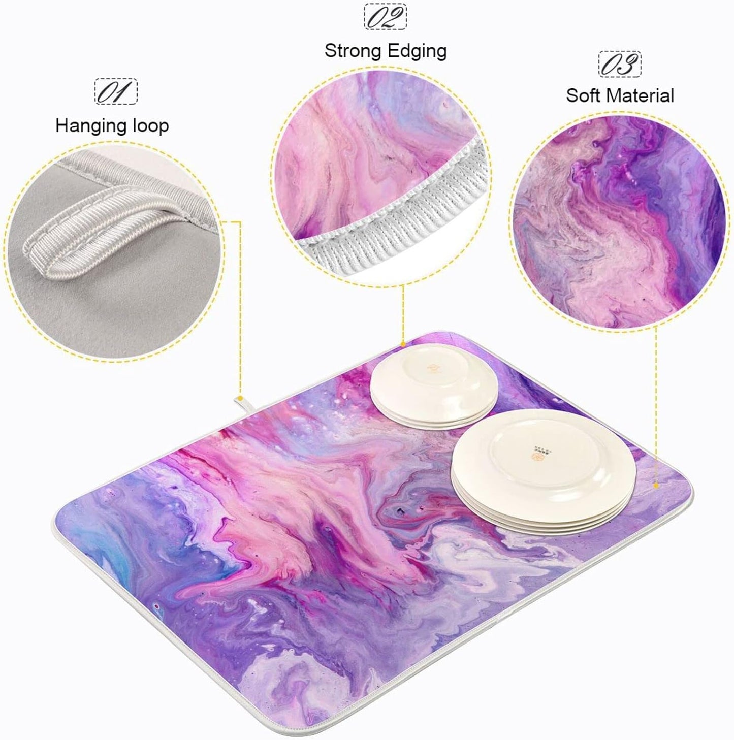 Super Absorbent Dish Drying Mat, Microfiber Fast-Drying Dish Mat, 24" x 18" , Kitchen Dish Drying Pad, Abstract Purplr Pink Marble Paint