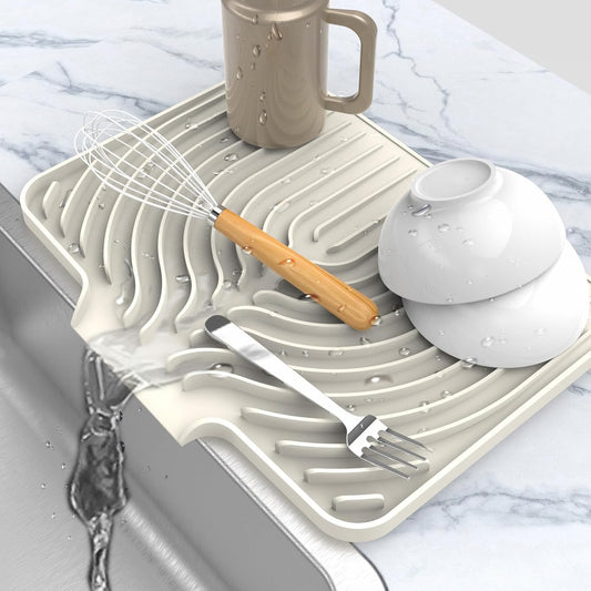 Dish Drying Matt for Kitchen Counter,14.6"×11"Silicone Dry Rack Mat with Built in Drain, Kitchen Dry Mats for Dishes Drying Pad for Counter(14.6"×11"Cream)