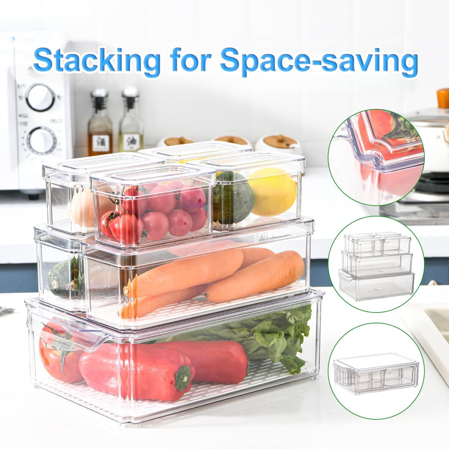 14 Pack Fridge Organizer, Stackable Refrigerator Organizer Bins with Lids, BPA-Free Produce Fruit Storage Containers for Storage Clear for Kitchen, Food, Drinks, Vegetable Storage