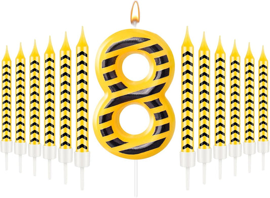 13 Pcs Construction Themed Birthday Candles Set Yellow and Black Number 8 Candle Cake Topper for Construction Party Decoration Supplies (Number 8)