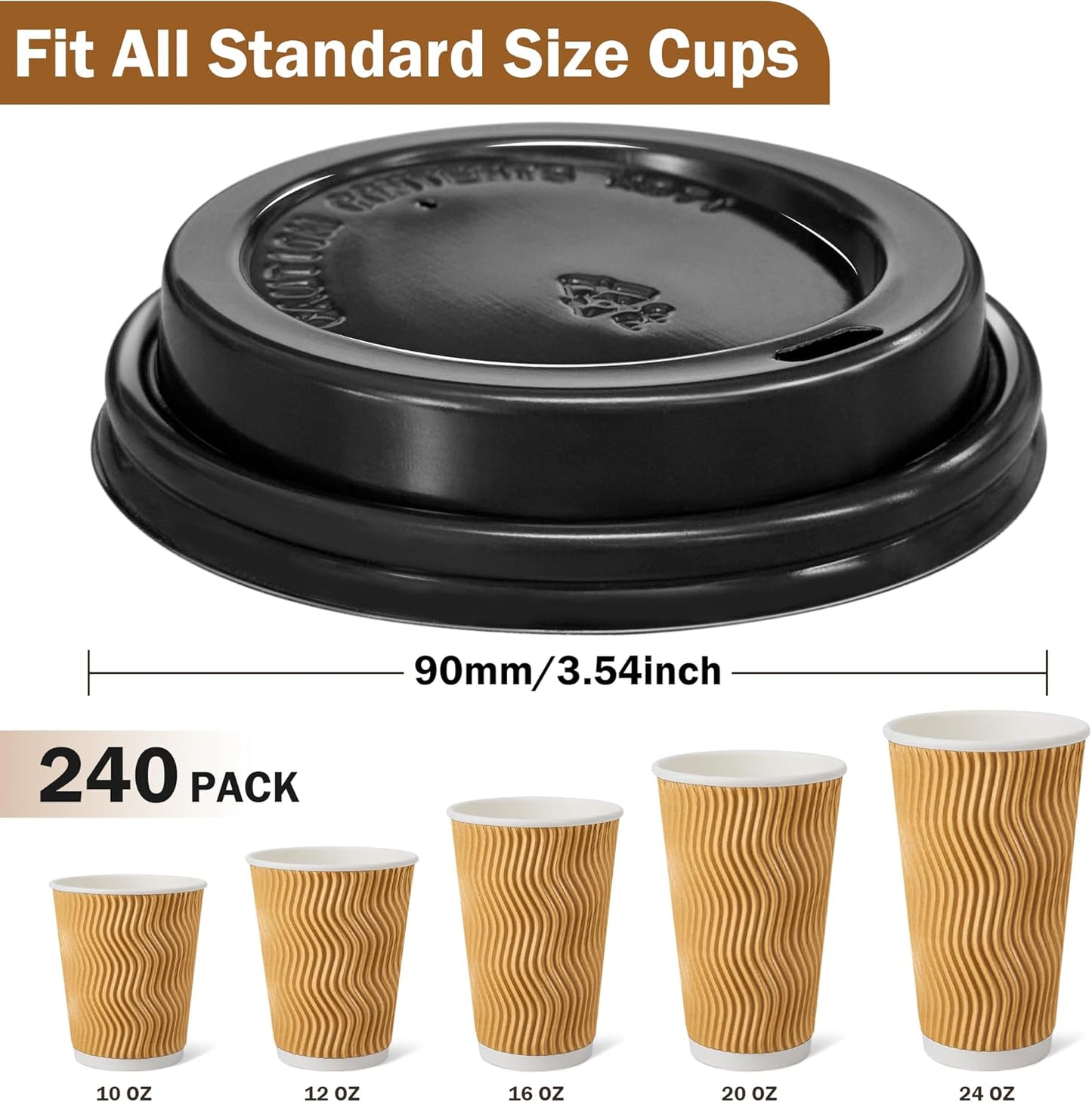 240 Pack Disposable Coffee Cup lids, 3.54'' Leak-Proof Disposable Plastic Cup Lids for 10, 12, 16, 20oz Paper Cups, Hot/Cold Drinking Cup Lids, Black