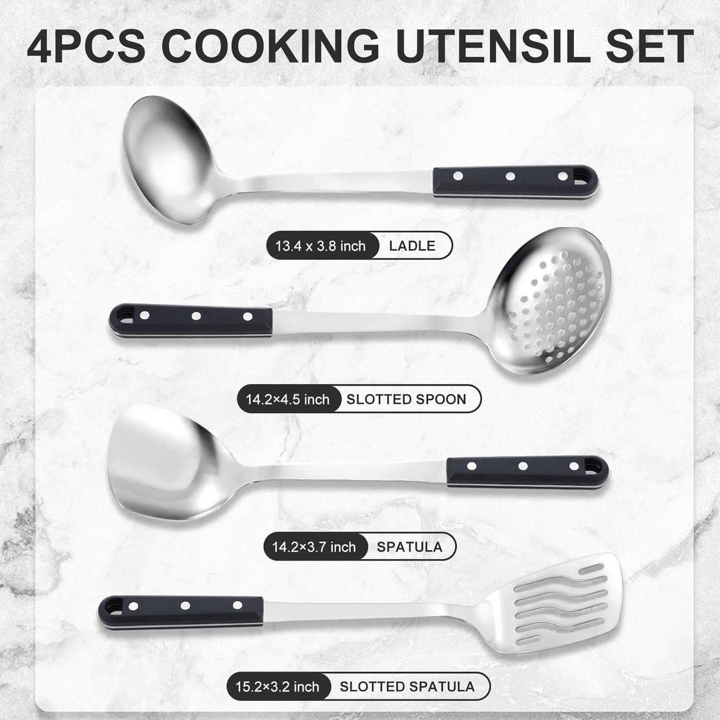 Pleafind 4-Pcs Cooking Utensils Set, Stainless Steel Kitchen Utensils, Mirror Polished Kitchen Essentials Set Include Wok Ladle, Slotted Spoon, Wok Spatula ＆Slotted Spatula, Dishwasher Safe