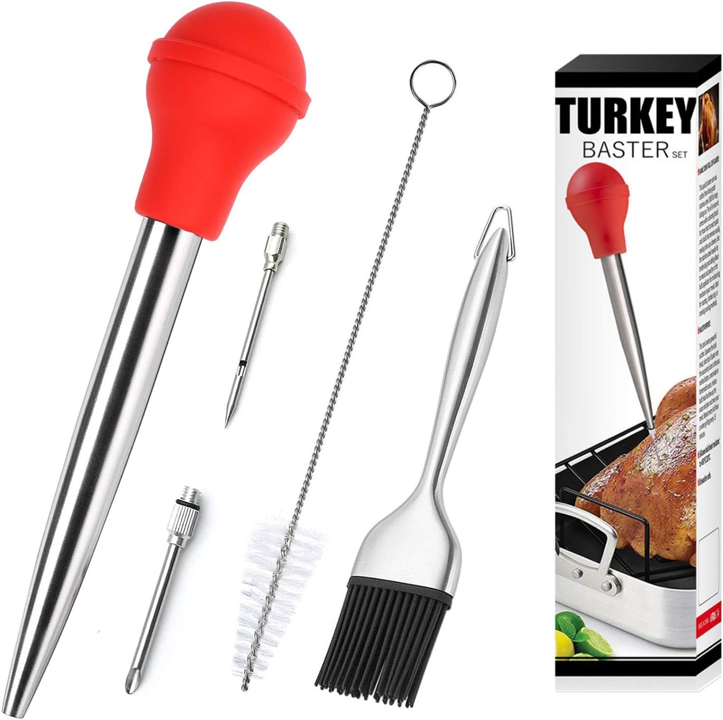 Stainless Steel Turkey Baster & Barbecue Basting Brush With 2 Flavor Injector Needles - Food Grade Syringe Baster For Cooking & Basting - Ideal For Butter Dripping, Roasting Juices For Poultry (Red)
