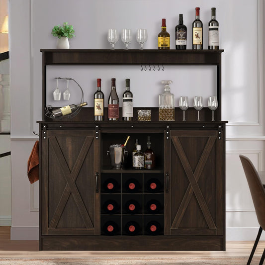 4ever2buy Farmhouse Coffee Bar Cabinet with 9 Wine Racks and 6 Hooks, 47 Inch Wine Cabinet with Storage, Kitchen Buffet Cabinet with Adjustable Shelves for Living Dining Room, Dark Oak