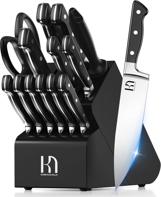 Knife Set, 15 Pcs Kitchen Knife Block Set, Enduring Razor-Sharp Japanese High Carbon Stainless Steel Chef Knife Set with Block and Sharpener, Premium Black Knives Set for Kitchen