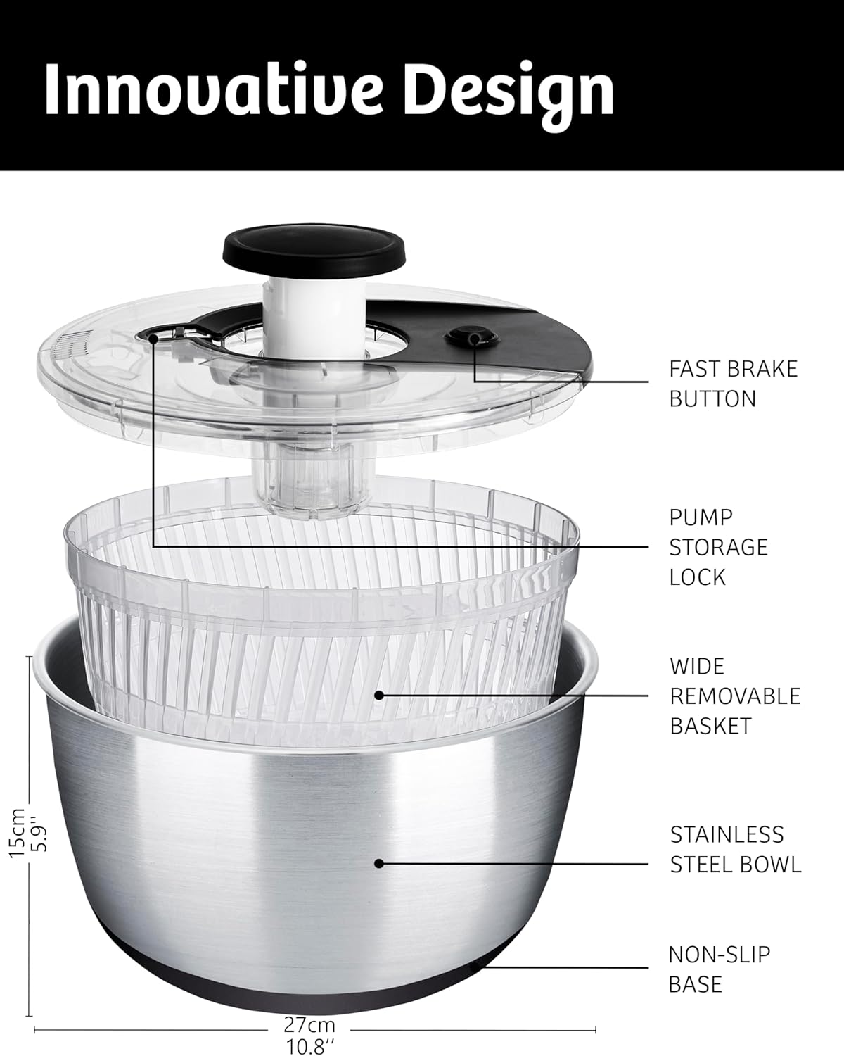 Stainless Steel Pump Salad Spinner Large - Easy Compact Kitchen Tool - Stainless Steel Bowl, Drain & Colander - Lettuce Spinner, Vegetable Dryer, Fruit Washer, Pasta & Fries Produce Strainer - 6.33 Qt