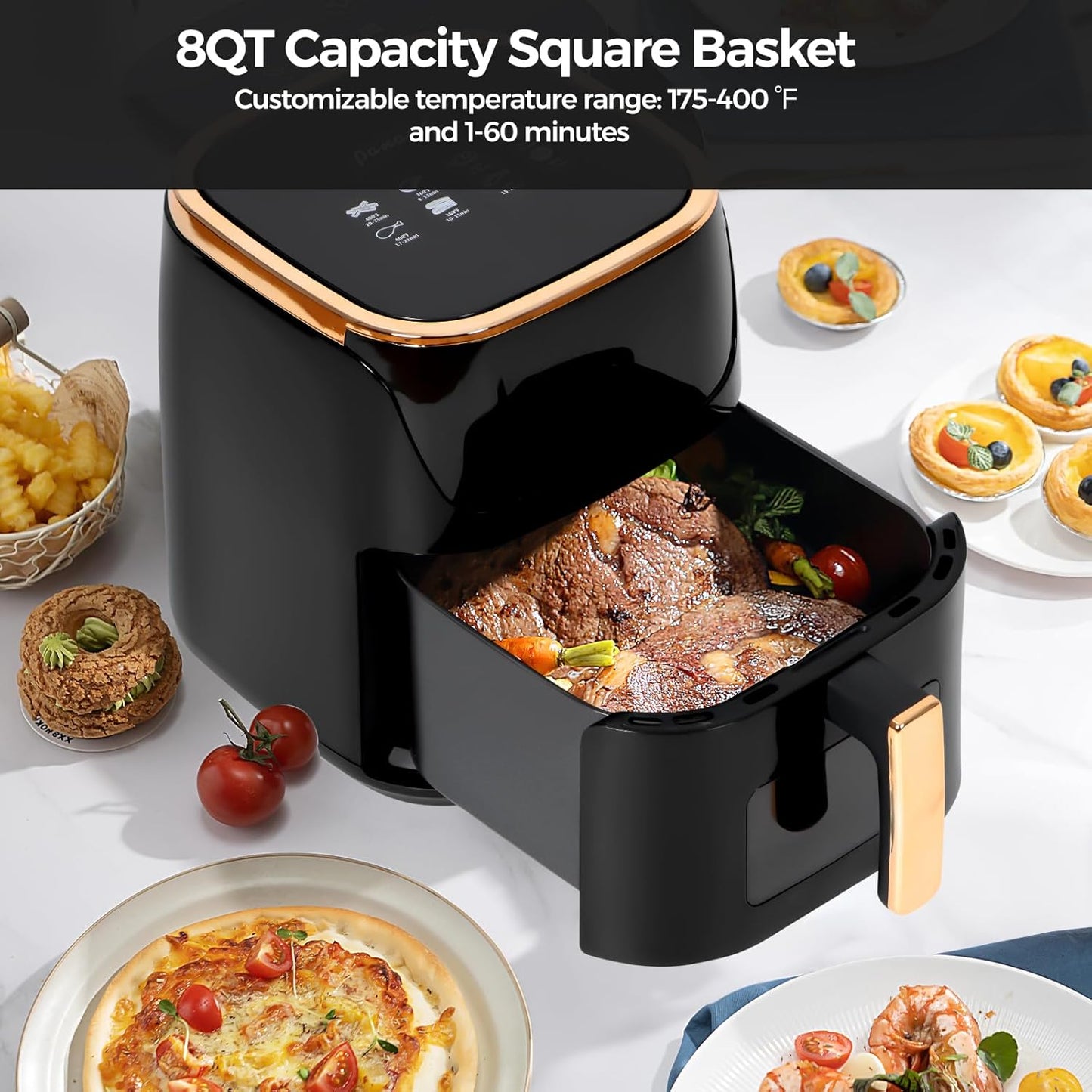 Panana 8QT Large Air Fryer Compact, 8 Preset Menus Airfryer, One-Touch Digital Control Presets, Touchscreen Display, Dishwasher Safe, Nonstick, Fit for Family (Black)