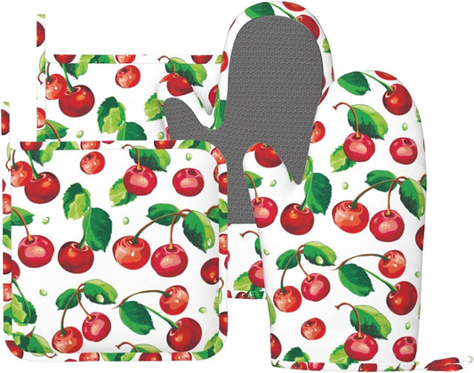 Red Cherry Oven Mitts and Pot Holders Set of 4 Silicone Cherries Kitchen Mitten Gloves and Non-Slip Potholders Set Heat Resistant Oven Gloves Hot Holders for Kitchen