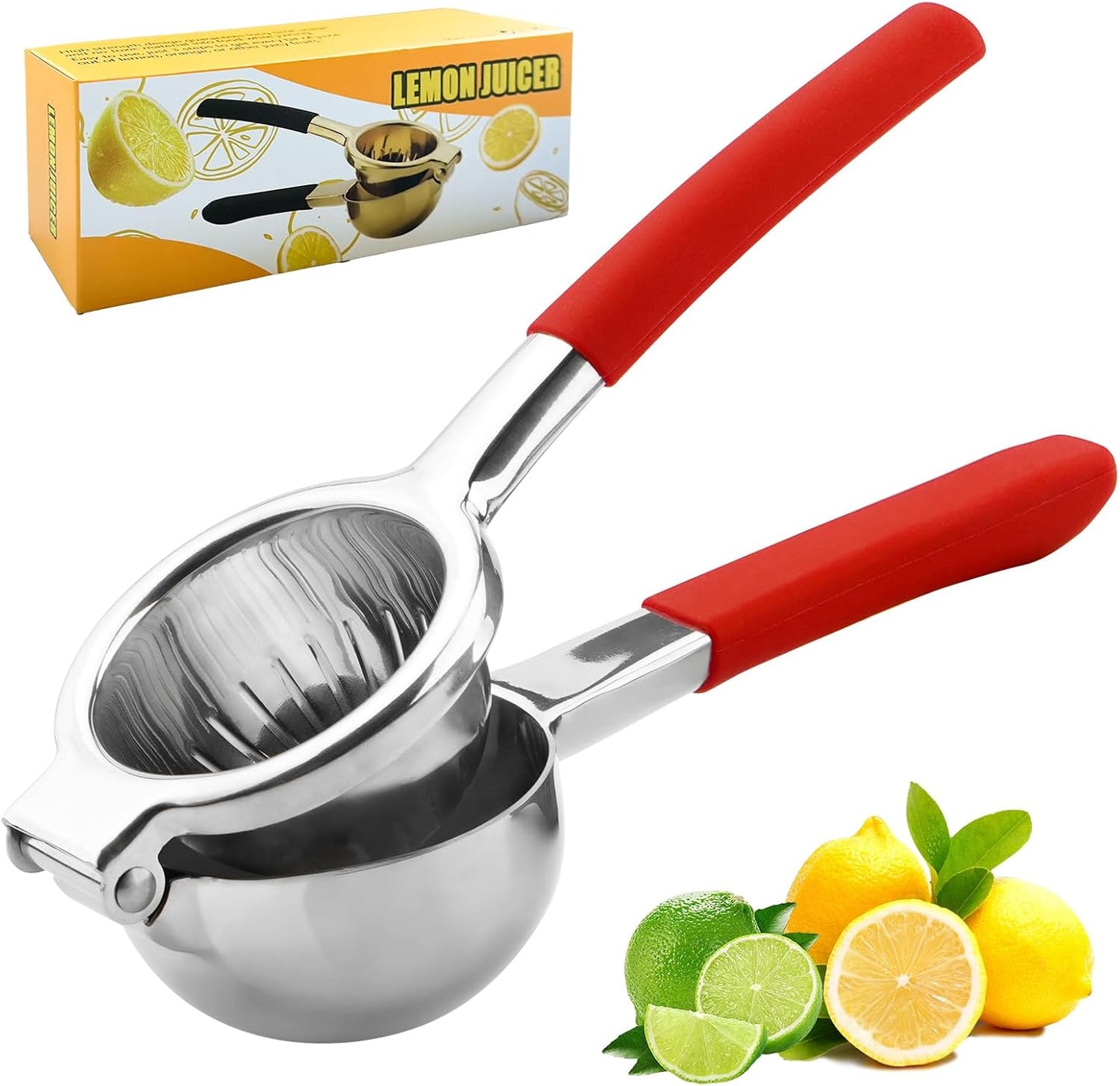 Lemon Squeezer,304 Stainless Steel Citrus Press Juicer,Non-Slip Grip Design Manual Juicer,Heavy Duty Manual Citrus Press Juicer & Lime Squeezer-Silver & Red