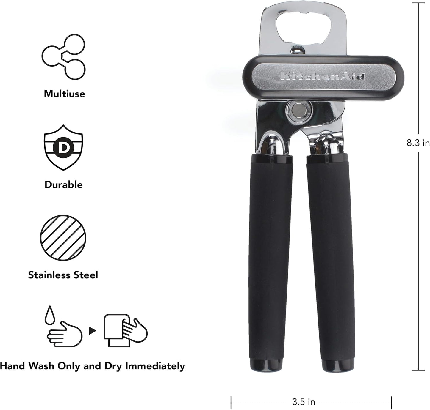 KitchenAid Classic Multifunction Can Opener and Bottle Opener Easy to Use, Razor Sharp Stainless Steel Cutting Wheel, Soft Ergonomic Handles, Soft Black