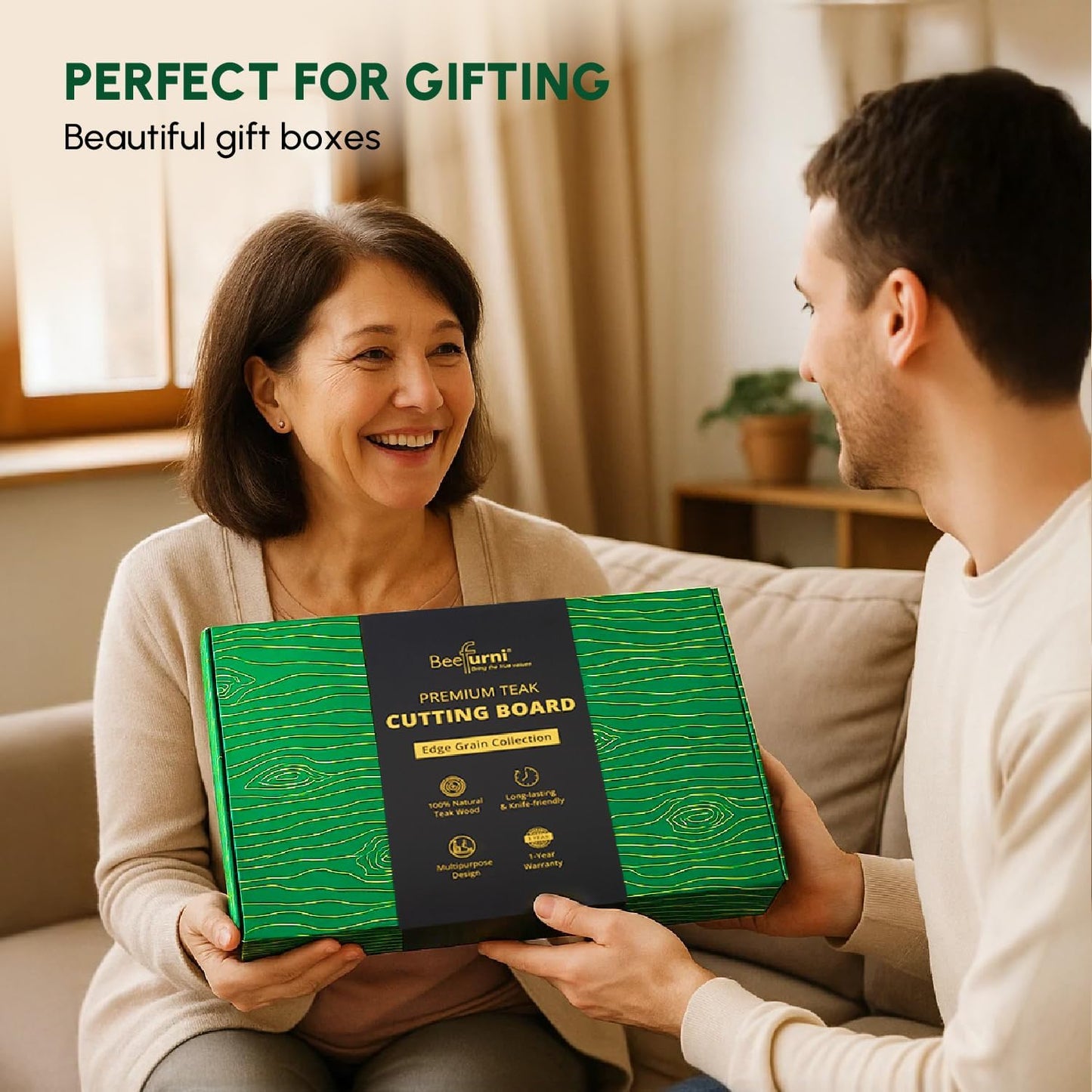 BEEFURNI Teak Wood Cutting Board with Juice Groove Hand Grip (XL, 24x18x1.5"), Wooden Cutting Board for Kitchen, Butcher Block, Charcuterie Boards, Christmas Gifts, 1-year Manufacturer Warranty