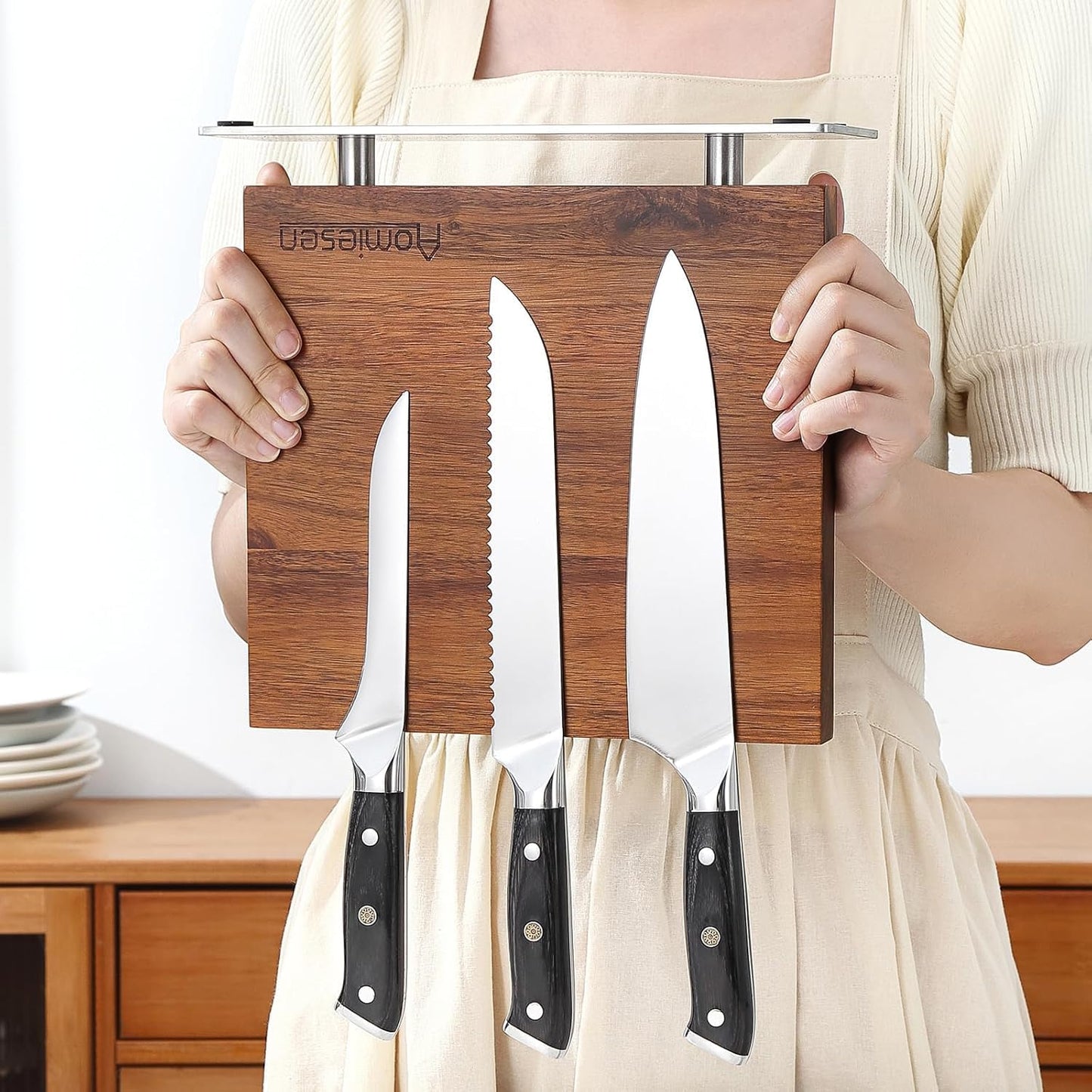 Strong Magnetic Knife Block - Magnetic Knife Holder for Kitchen Organization, Knife Block with Powerful Magnet (Square steel bottom knife block）