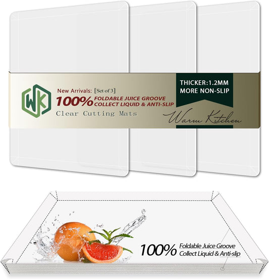 WK Flexible Plastic Cutting Boards Mats with Lip, Foldable Cutting Board for Kitchen Set of 3, Clear Cutting Boards, Nonslip Cutting Mats Sheets, BPA Free, Dishwasher Safe