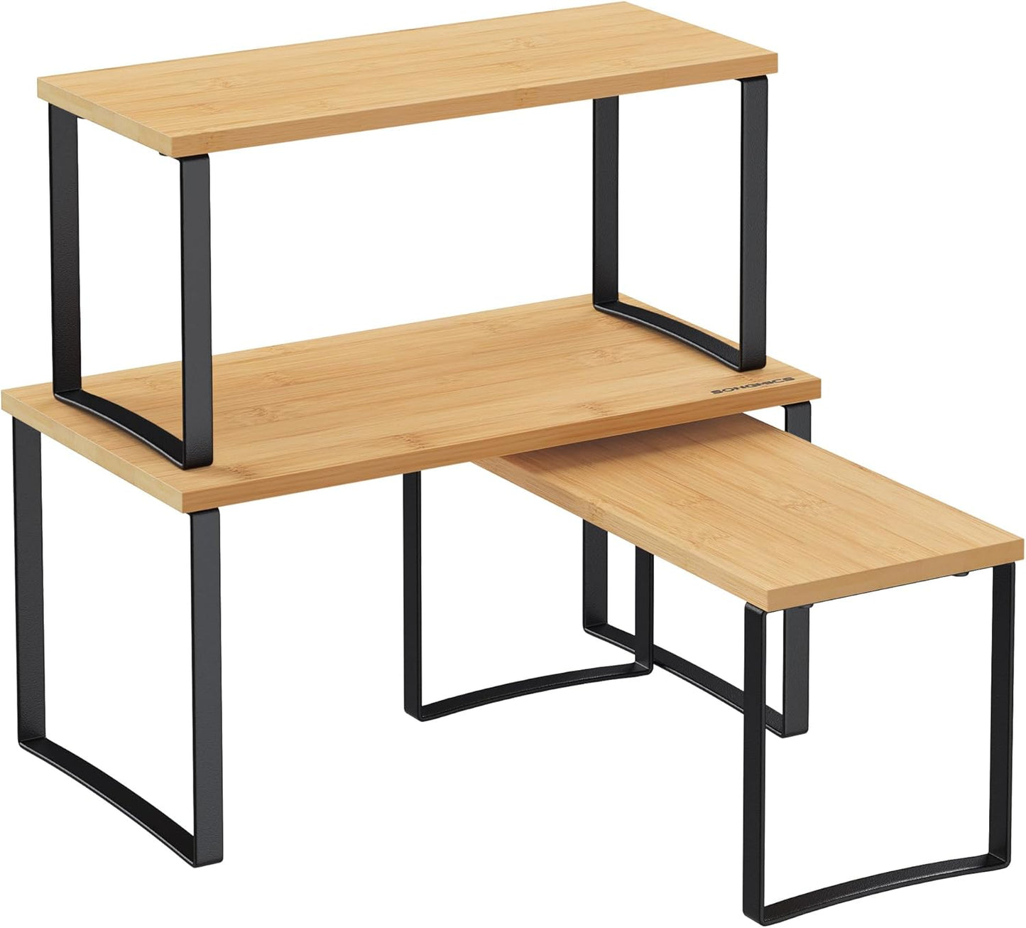 SONGMICS Cabinet Organizer Shelf, Set of 3 Kitchen Counter Shelves, Kitchen Storage, Spice Rack, Stackable, Expandable, Ink Black and Natural Beige UKCS014B01