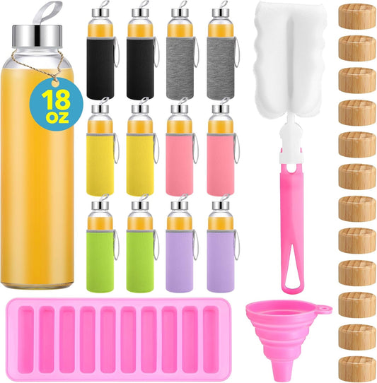 Honeydak 12 Pcs 18 oz Glass Water Bottles Glass Juice Bottles with Protection Sleeves, Stainless Steel and Bamboo Lids Reusable Glasses Funnel, Ice Mold, Brush for Milk Smoothie Beverage Tea