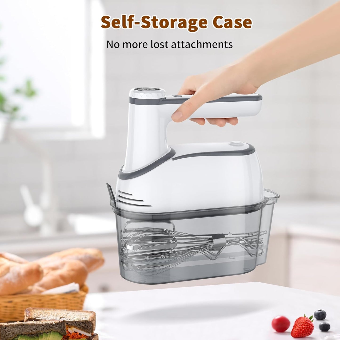 Cordless Electric Hand Mixer: 12 Speeds Powerful Handheld Mixer with 6 Stainless Steel Attachments (2 Beaters, 2 Dough Hooks, 2 Whisks), Snap-On Storage Case & Eject Button (White)