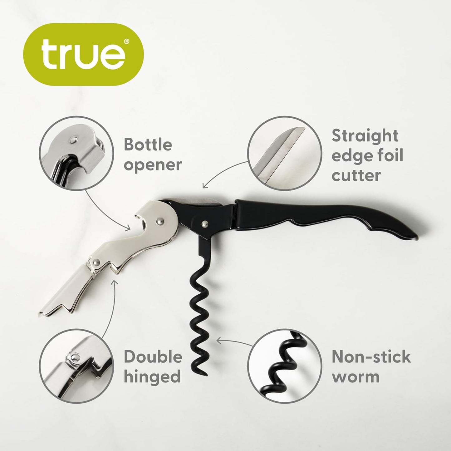 True Brands TrueTap Double Hinged Waiters Corkscrew, Top-notch Stainless Steel Opener with Foil Cutter Built to Last Wine Key Black Silver, Set of 1