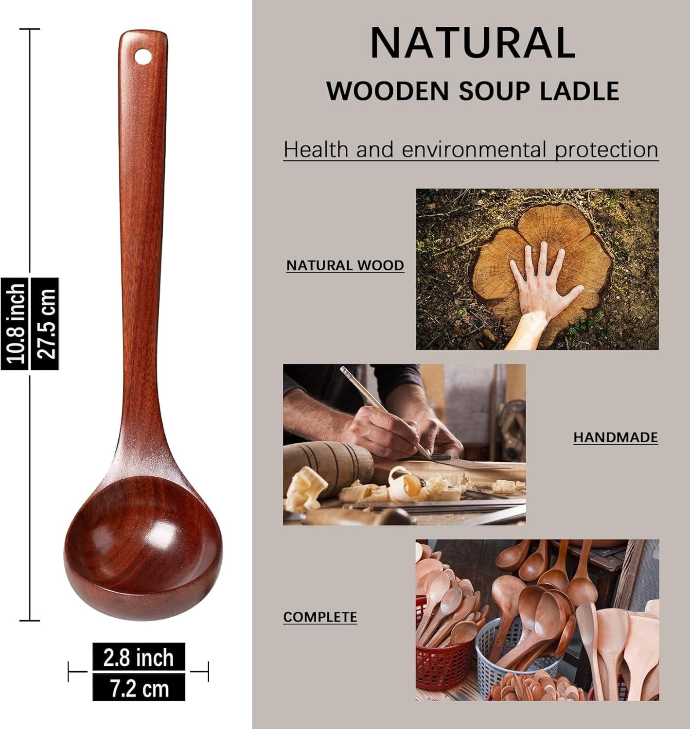 Wooden Soup Ladle, 10.8" Handle, 1.6 fl oz Medium Scoop Utensil for Serving & Cooking, Red Wooden Ladle – Wood Spoon for Soup Natural and Sustainable