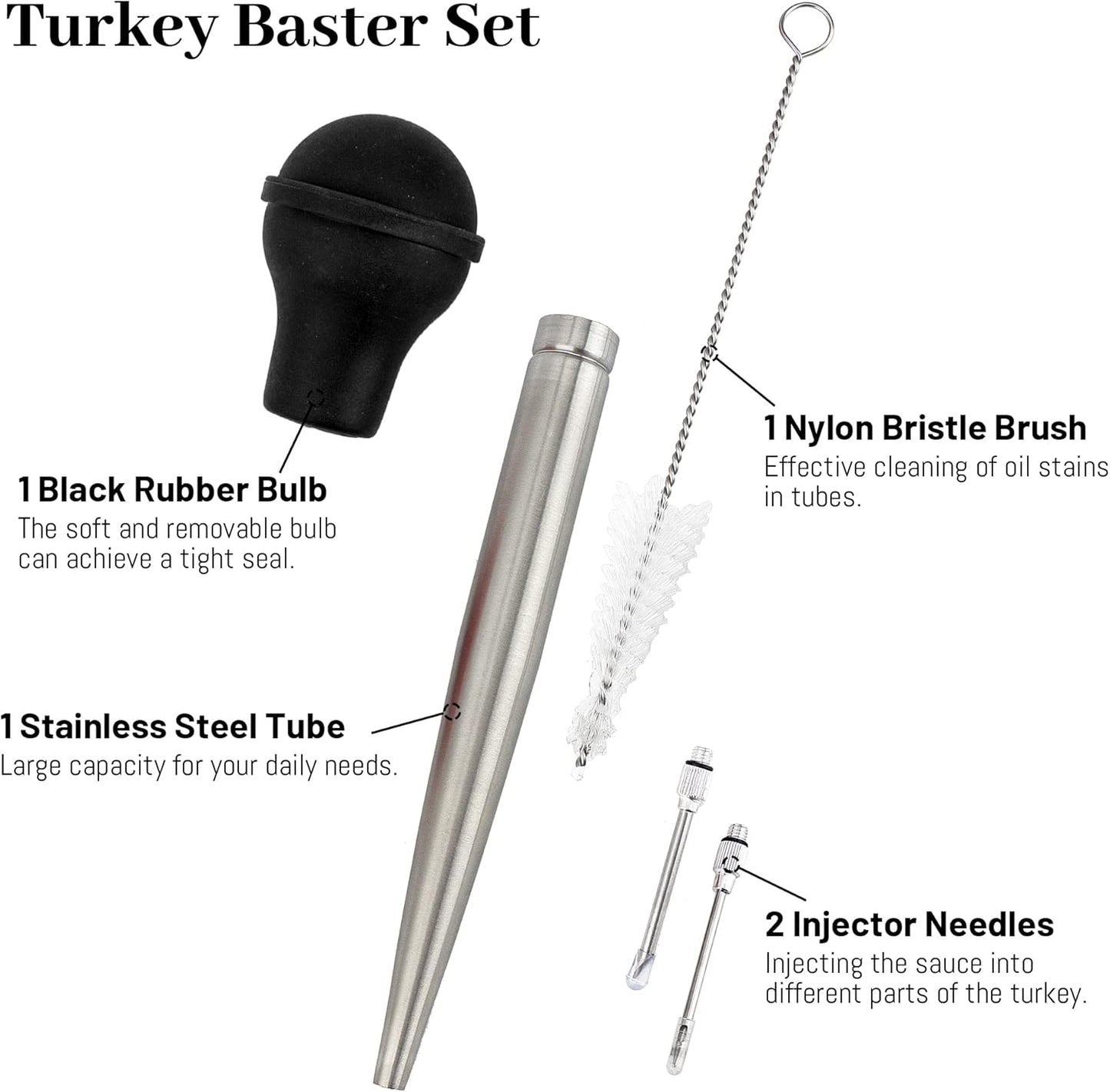 Turkey Baster Syringe for Cooking, Large Stainless Steel Meat Injector, with Cleaning Brush and 2 Marinade Needles, Black